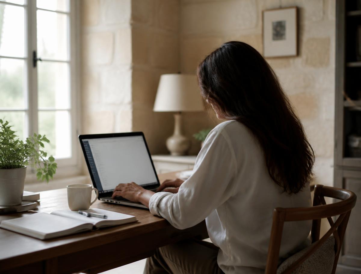 Chloe Yates reviewing a client's website and search performance at a desk